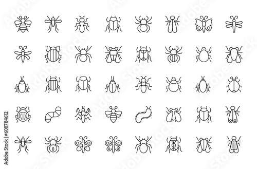 Set of 40 simple insect line icons. Linear vector signs pack. Perfect for web apps and mobile. 