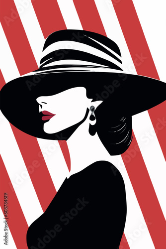 lady with elegant hat with red lips vector illustration