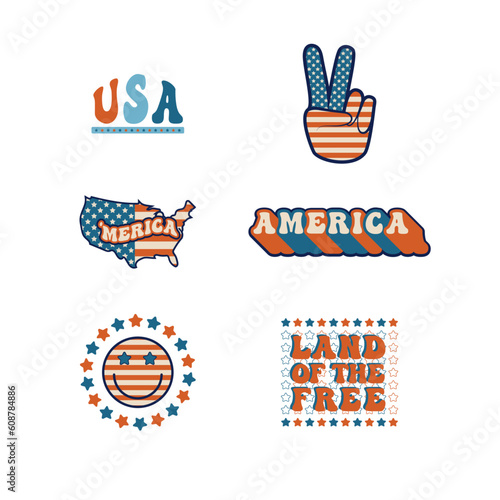 Groovy Patriotic Graphic Illustration Set America Stickers Pins  T Shirt Graphics 4th of July Independence Day American Flag United States Stars and Stripes USA Happy Face Land of the Free Peace Sign 