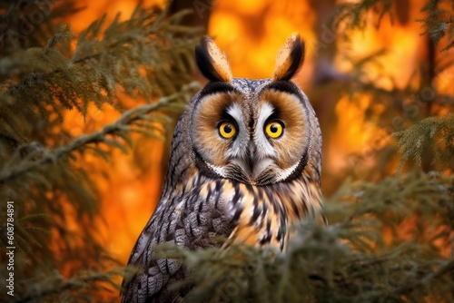  Long-eared Owl with big orange eyes behind the branches. Generative AI
