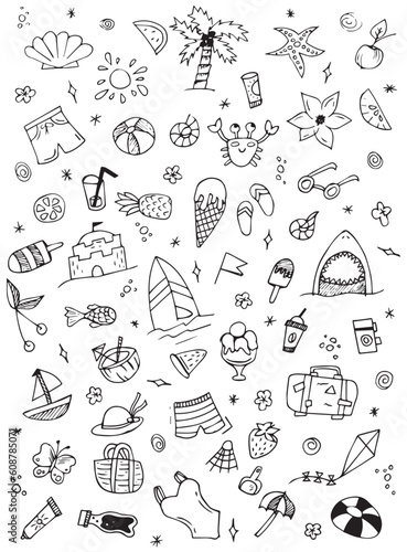 Hand-drawn summer doodles, elements for beach parties, vacations and travel. drawing on a white background. doodle art. black white drawing.