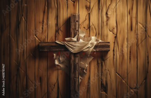 Wooden cross with rolled fabric pieces