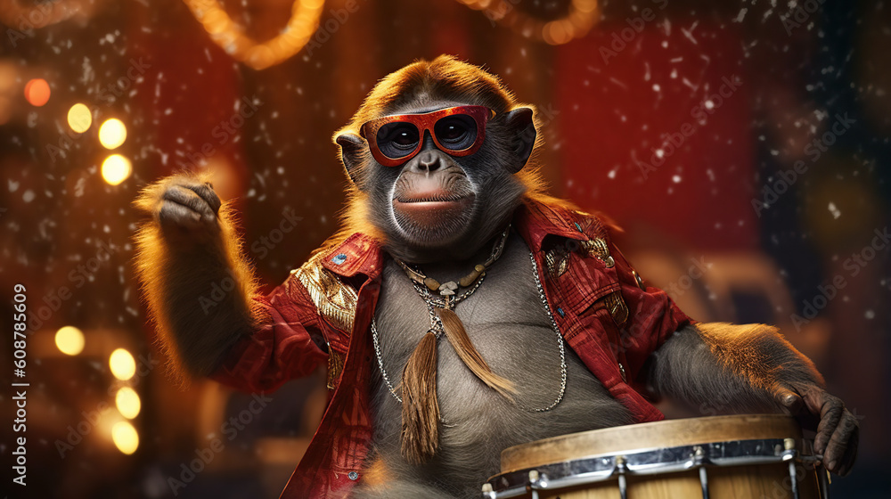 happy monkey playing bongo drums Generative AI