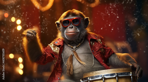 happy monkey playing bongo drums Generative AI