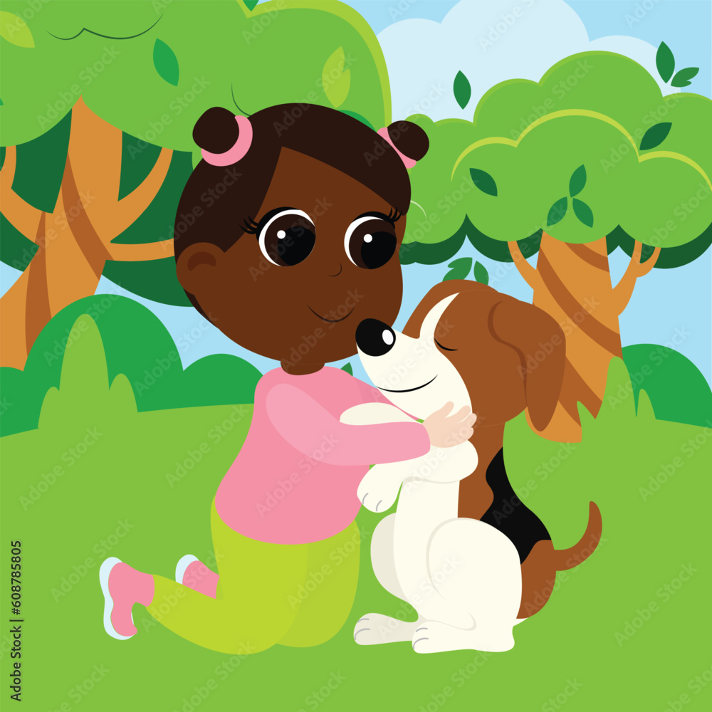 Happy girl with a dog in nature. Friendship of a child and an animal. Illustration in children's cartoon style. Happy girl with a dog in nature. Friendship of a child and an animal. Illustration in children's cartoon style.