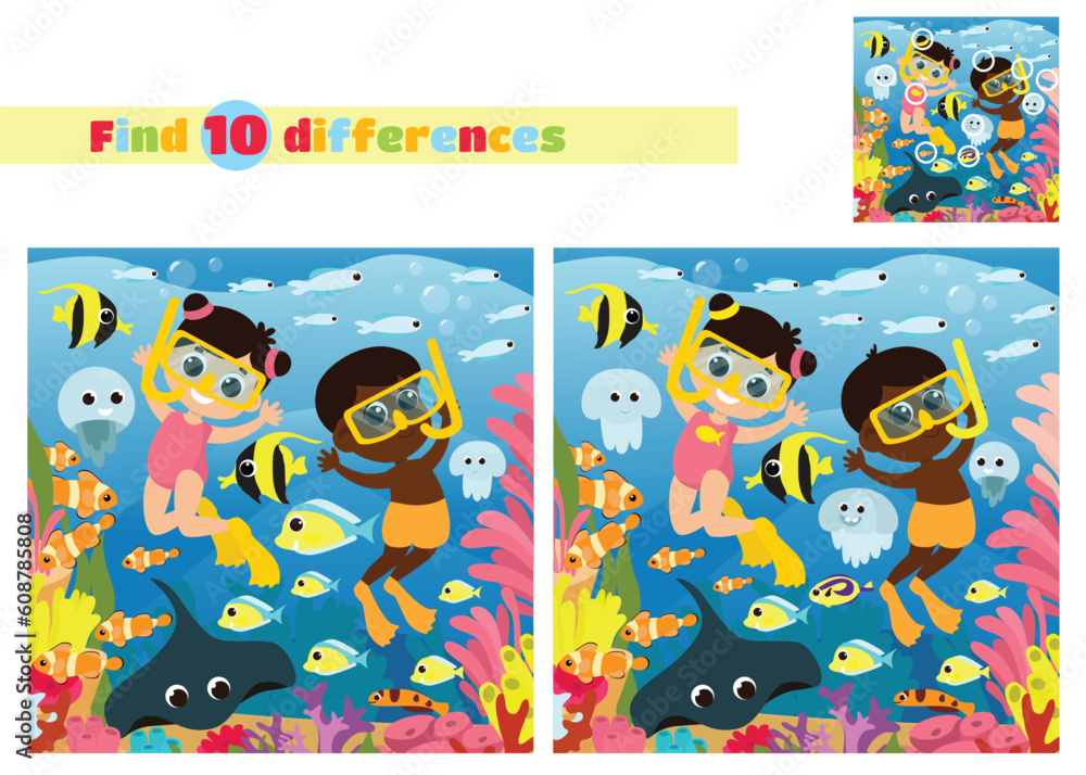 Find the differences. Children aqua divers boy and girl swim with fish. Underwater marine or oceanic world with a coral reef. An educational game for children in elementary school or kindergarten.