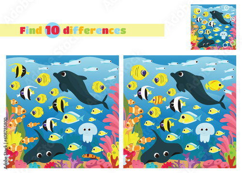 Find the differences. Underwater marine or oceanic world with coral reef, fish and stingray and a dolphin. An educational game for children in elementary school or kindergarten.