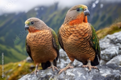 Keas  Alpine Parrots  sitting together  Arthur s Pass National Park. Generative AI