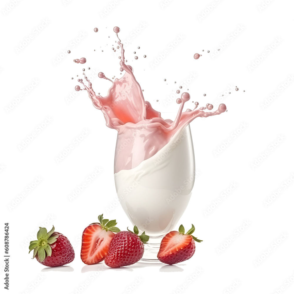 Strawberry yogurt or milk in a glass, splashes, fresh strawberries isolated on white. Generative AI. Strawberry yogurt or milk in a glass, splashes, fresh strawberries isolated on white. Generative AI.