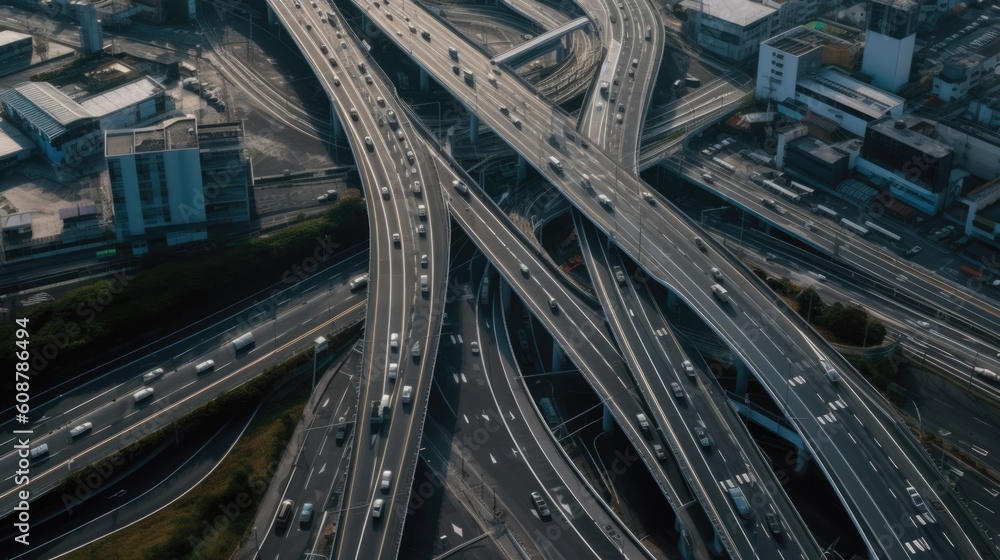 Aerial view of self driving cars and trucks in modern city highway Aerial view of self driving cars and trucks in modern city highway