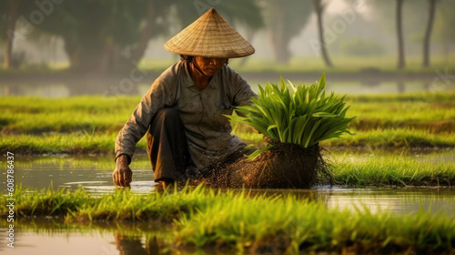 man harvesting in paddy field with water. generative ai
