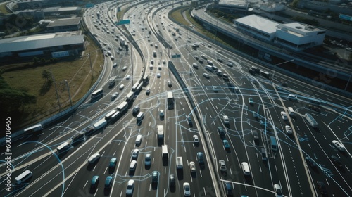 Aerial view of self driving cars and trucks in modern city highway