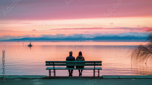 couple sitting on bench at sunset. generative ai