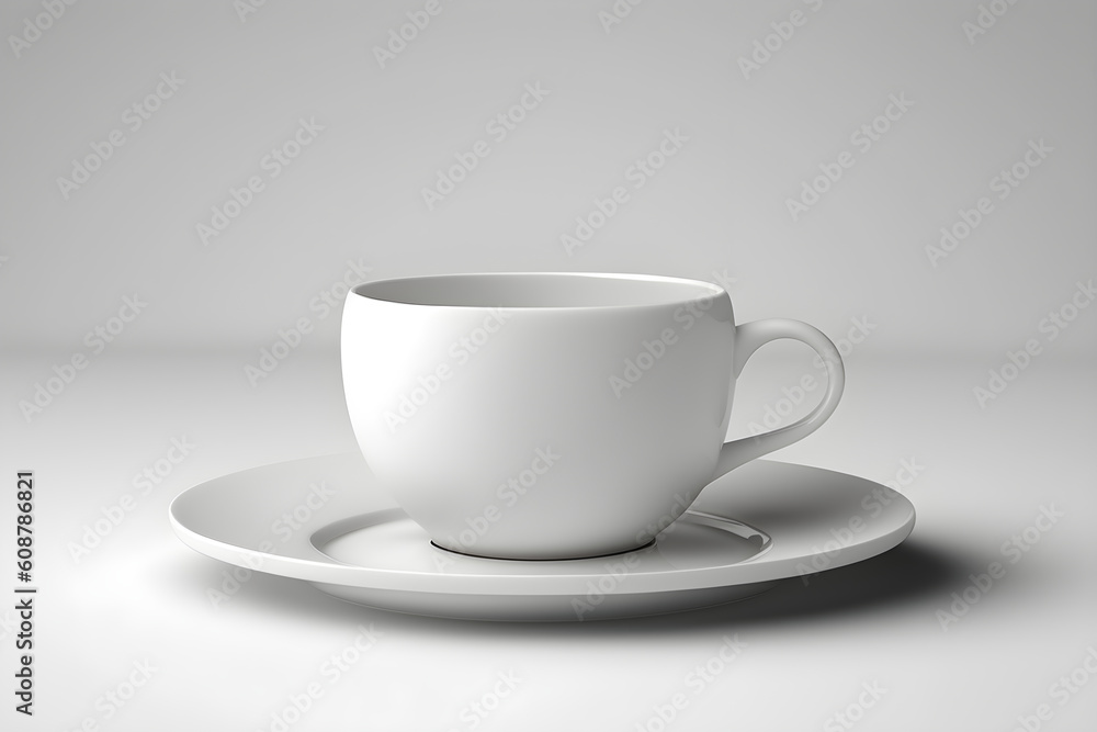 White ceramic cup with saucer on light background. Generative AI, illustration White ceramic cup with saucer on light background. Generative AI, illustration