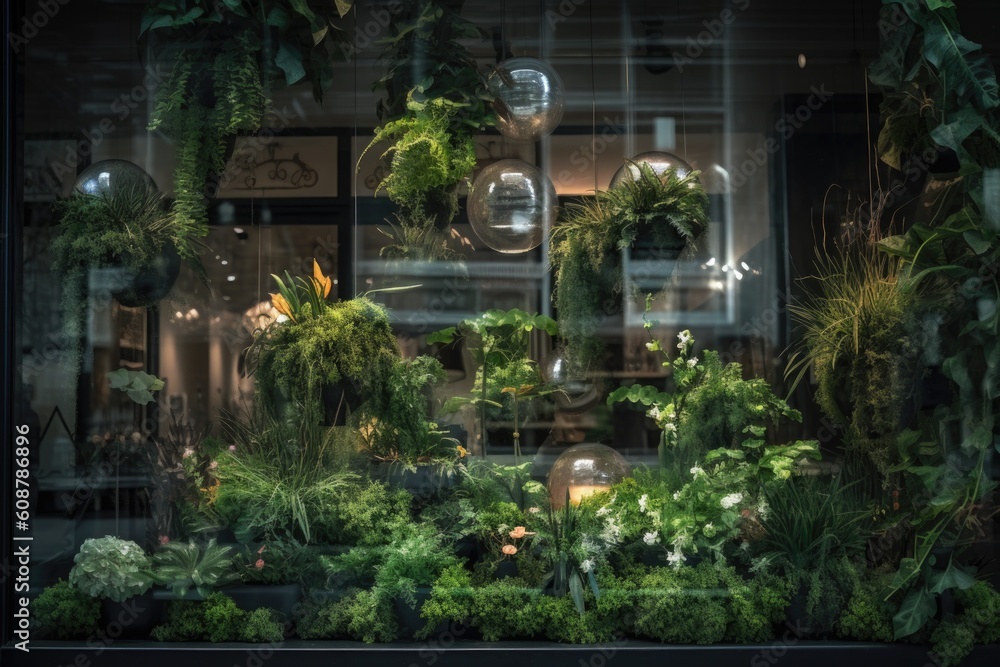 Store window with a variety of plants for sale Store window with a variety of plants for sale