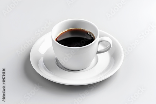 White cup with black coffee and saucer on light background. Top view. Generative AI, illustration