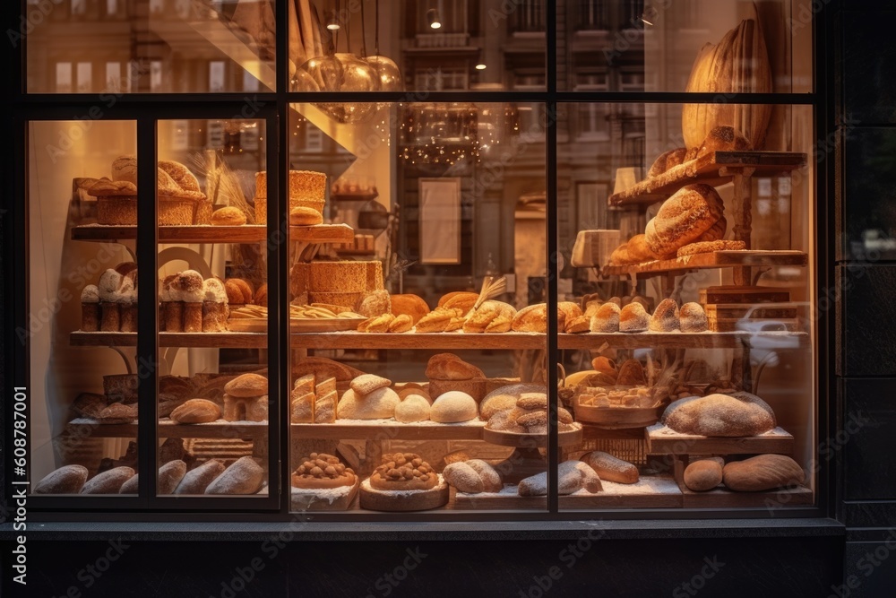 Store window with a variety of breads