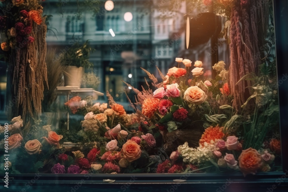 Flower shop store window displaying a variety of plants and flowers