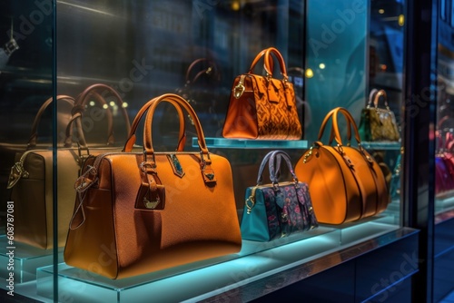 Collection of designer handbags displayed in high end fashion store window