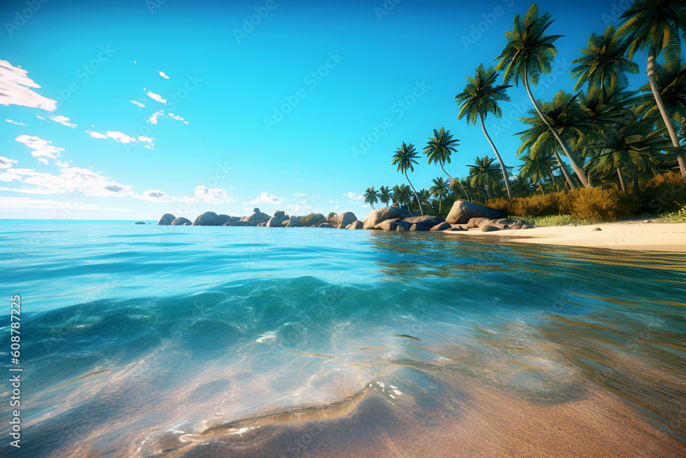 Fototapeta premium Fabulous seascape of the coast with sand and palm trees. Great summer vacation. Generative AI, illustration