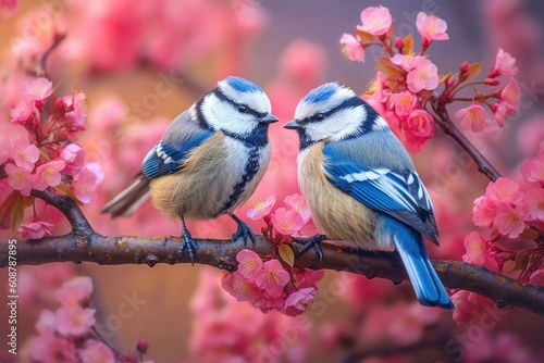 Little birds perching on branch of blossoming cherry tree. Generative AI. © nadunprabodana
