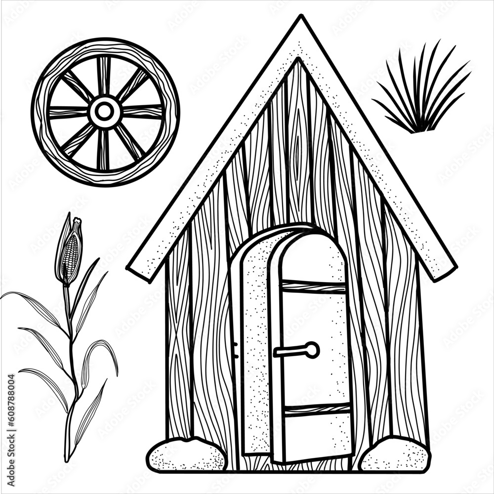 Rustic small wooden house,chicken coop, perch, barn, outhouse for