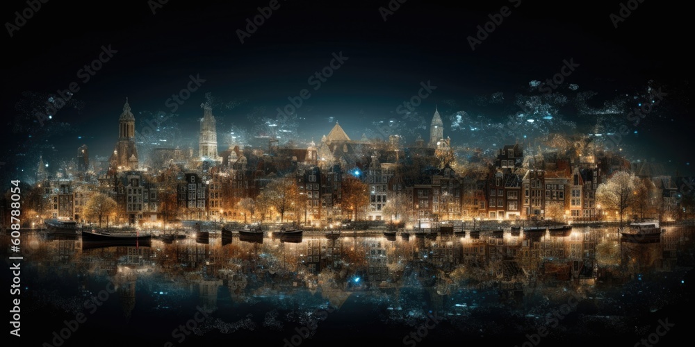 Fototapeta premium Urban landscape over the river consisting of millions of elements on a dark background. Generative AI