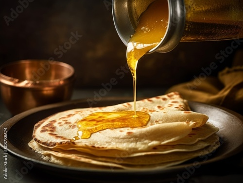 ghee being poured over freshly made rotis, with a textured background