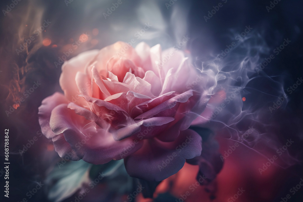 translucent pink rose in fog close up