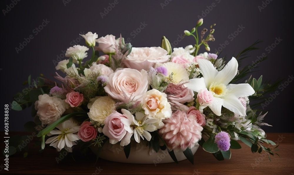 a bouquet of flowers sitting in a vase on a table. generative ai a bouquet of flowers sitting in a vase on a table. generative ai