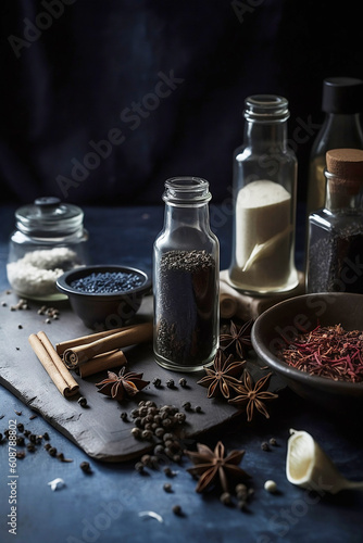 different spices on dark background