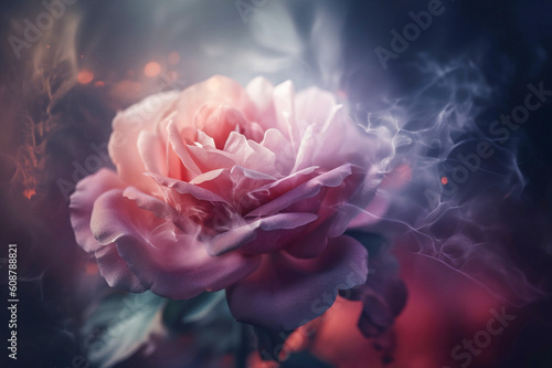 translucent pink rose in fog close up