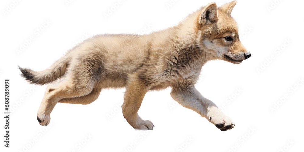 Obraz premium a transparent PNG of a Wolf pup trotting in motion in a side view as an isolated, photorealistic illustration. Generative ai