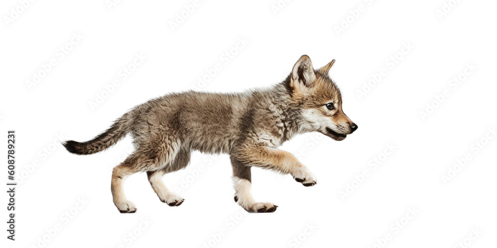 Fototapeta premium a transparent PNG of a Wolf pup trotting in motion in a side view as an isolated, photorealistic illustration. Generative ai