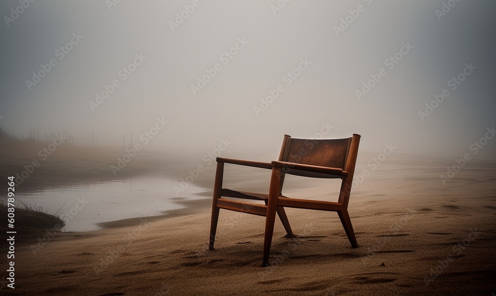  a wooden chair sitting on top of a beach next to a body of water.  generative ai