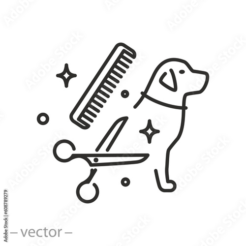 pet grooming salon icon, animal grooming, scissors with comb dog, groomer service, thin line symbol - editable stroke vector illustration