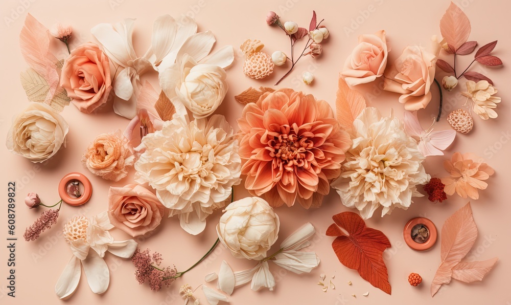 a bunch of flowers that are on a pink surface with leaves. generative ai a bunch of flowers that are on a pink surface with leaves. generative ai
