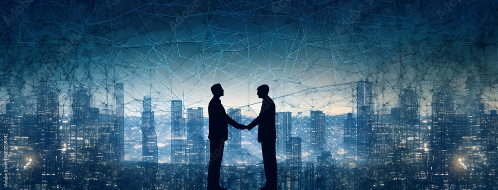 © RZ Design - two people in suits shaking hands in front of other background, in the style of futurist elements, technological, business man