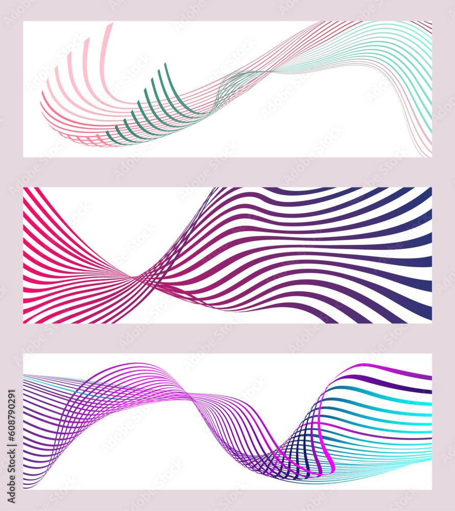 Wavy lines or ribbons. Set of 3 backgrounds. Multicolored striped gradient. Creative unusual background with abstract gradient wave lines to create a trendy banner, poster. vector eps Wavy lines or ribbons. Set of 3 backgrounds. Multicolored striped gradient. Creative unusual background with abstract gradient wave lines to create a trendy banner, poster. vector eps