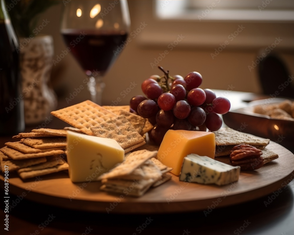 Fontina cheese appetizer plate with crackers, grapes, and fine wine