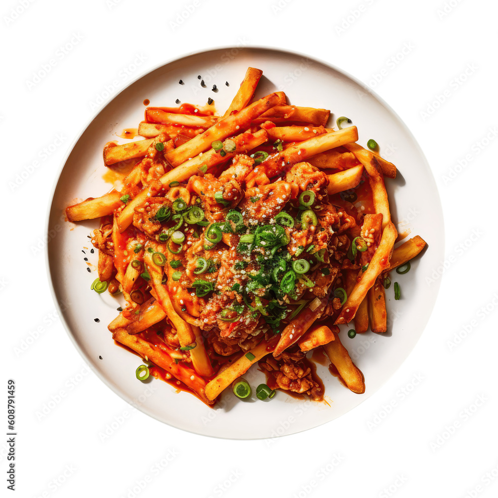 Kimchi Fries On White Plate, Isolated On Transparent Background, Png. Generative AI Kimchi Fries On White Plate, Isolated On Transparent Background, Png. Generative AI