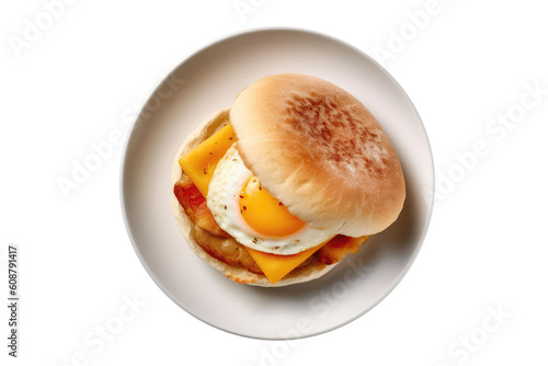 Egg Mcmuffin On White Plate, Isolated On Transparent Background, Png. Generative AI photo