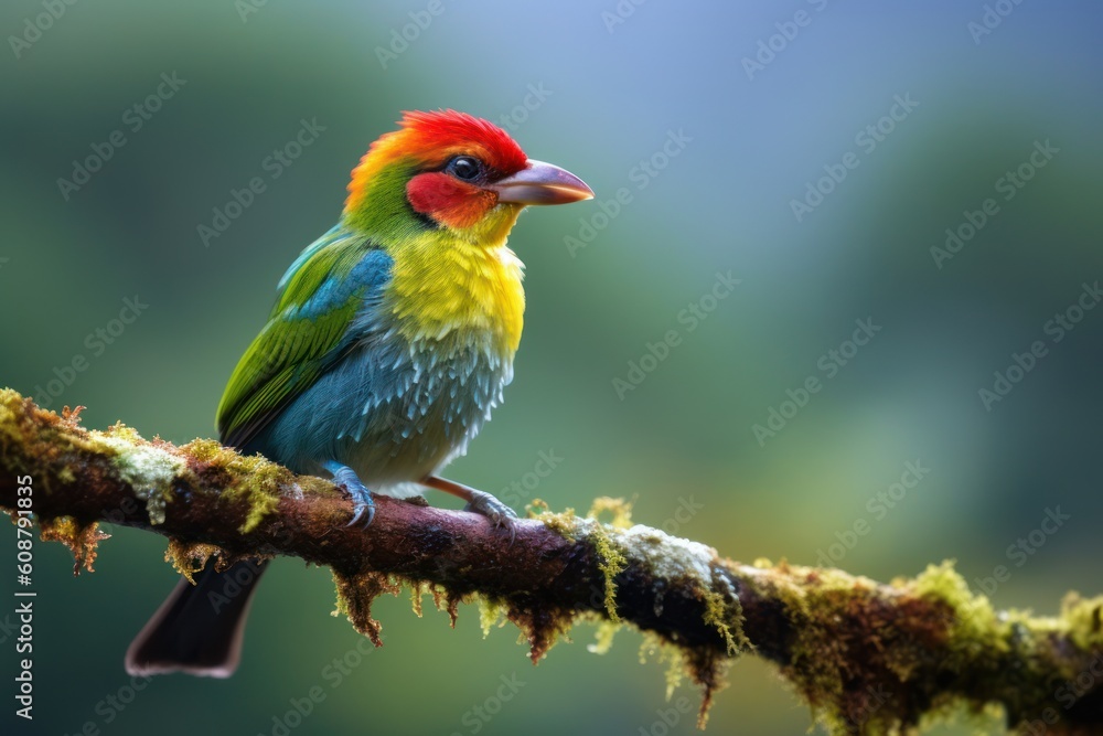 Red-headed barbet (Eubucco bourcierii) male sitting on a branch. Generative AI