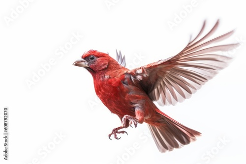 Red canary (Serinus canaria) flying against white background. Generative AI
