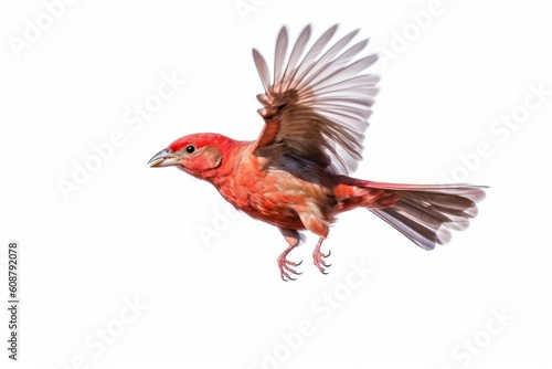 Red canary (Serinus canaria) flying against white background. Generative AI © nadunprabodana