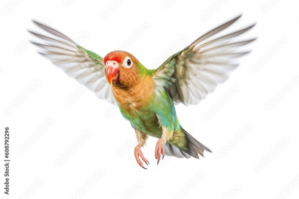 Fototapeta premium Rosy-faced Lovebird flying (Agapornis roseicollis). Generative AI
