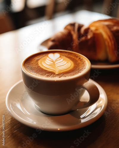 Fotografering cup of cappuccino coffee with croissants on wooden table