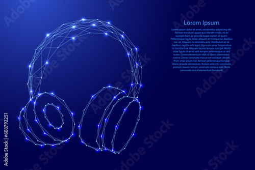 Headphones with shackle, from futuristic polygonal blue lines and glowing stars for banner, poster, greeting card. Low poly concept. Vector illustration.