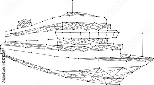 Steamship cruise passenger liner, from abstract futuristic polygonal black lines and dots. Low poly concept. Vector illustration.