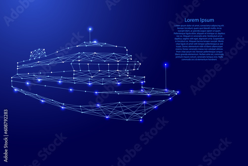 Steamship cruise passenger liner, from futuristic polygonal blue lines and glowing stars for banner, poster, greeting card. Low poly concept. Vector illustration.